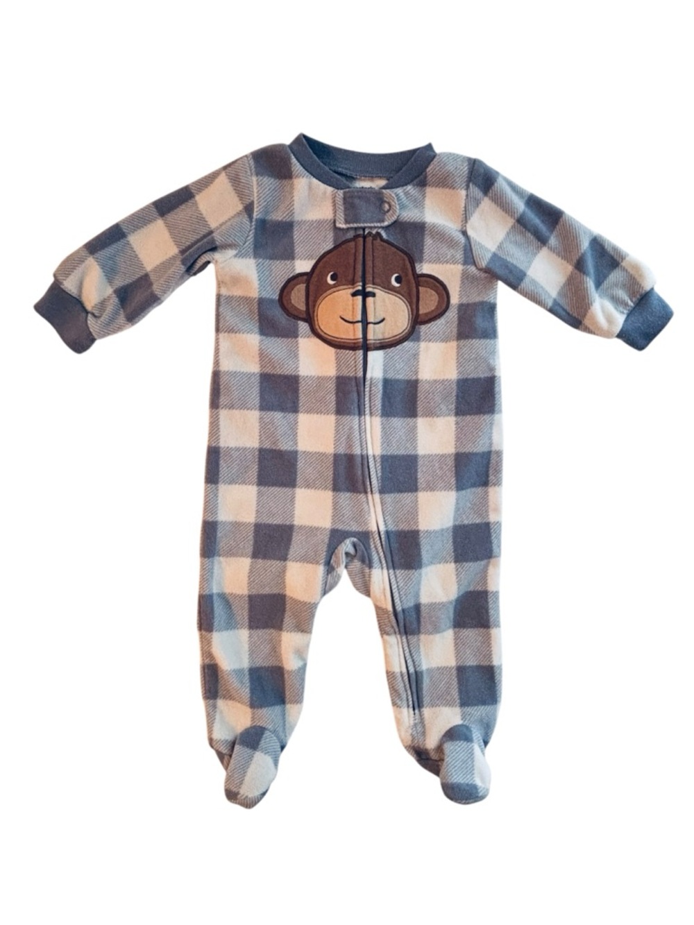 Carter's Blue and Cream Plaid Monkey Fleece Footed One-Piece 6 Months 8 0556